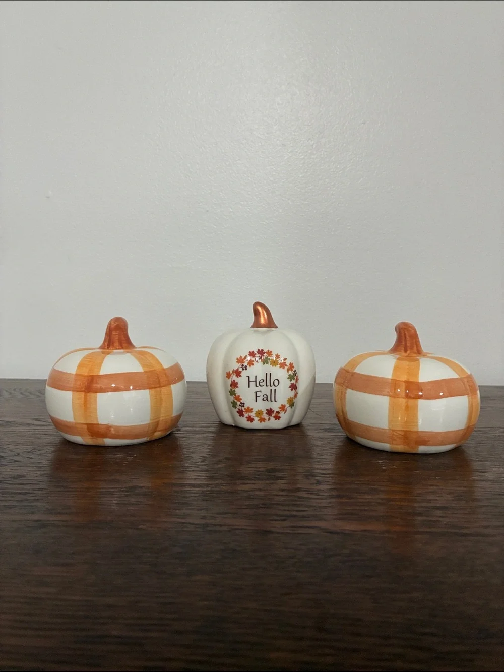 NWT- Hello Fall & Orange & White Striped Ceramic Pumpkins Trio